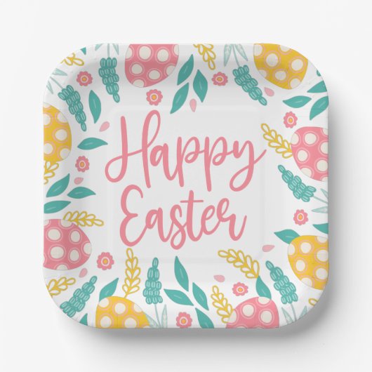 Happy Easter | ピンクアクアのイースターエッグと葉 ペーパープレート (正面)