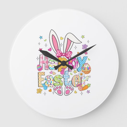 Happy Easter 2026 Cute Bunny Rabbit Easter Day Wom ラージ壁時計 (正面)
