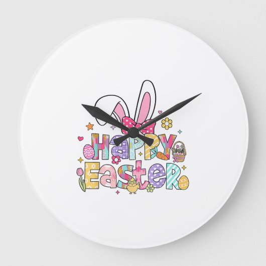 Happy Easter 2026 Cute Bunny Rabbit Easter Day Wom ラージ壁時計 (正面)