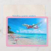 Happy Easter Airplane Over Beach with Flamingos シーズンカード (正面/裏面)