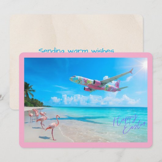 Happy Easter Airplane Over Beach with Flamingos シーズンカード (正面/裏面)