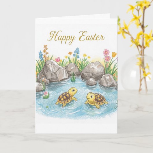 Happy easter baby turtles カード (黄色い花)