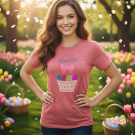 Happy Easter Basket Pink Bow Women's T-Shirt トライブレンドＴシャツ