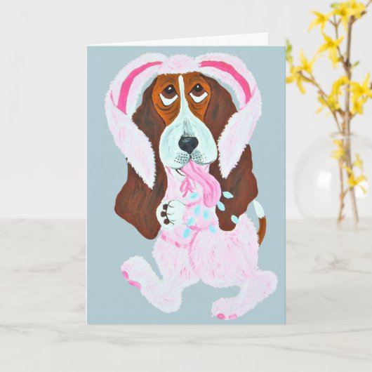 Happy Easter Basset Hound Easter Bunny カード (黄色い花)