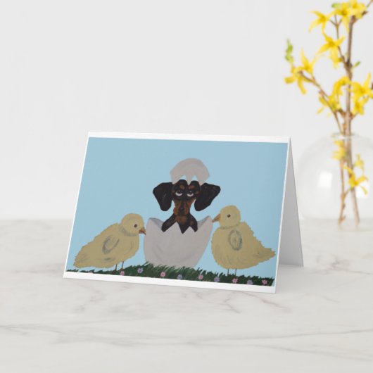  Happy Easter Black & Tan Dachshund in egg カード (黄色い花)