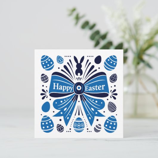 Happy Easter Blue Bow Folk Art Bunny & Eggs Spring シーズンカード (スタンド正面)