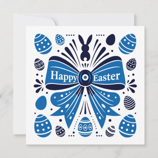 Happy Easter Blue Bow Folk Art Bunny & Eggs Spring シーズンカード (正面)