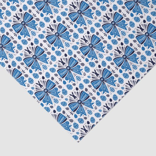 Happy Easter Blue Bow Folk Art Bunny & Eggs Spring 薄葉紙 (詳細)