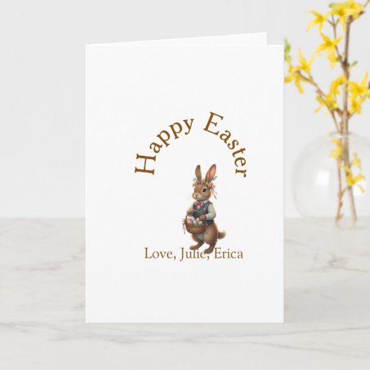 Happy Easter brown bunny with eggs love add name  カード (黄色い花)