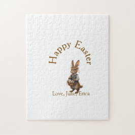 Happy Easter brown bunny with eggs love add name  ジグソーパズル