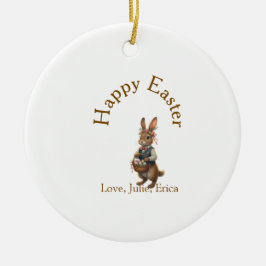 Happy Easter brown bunny with eggs love add name  セラミックオーナメント