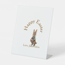 Happy Easter brown bunny with eggs love add name  台座サイン