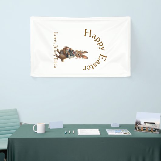 Happy Easter brown bunny with eggs love add name  横断幕 (トレードショー)