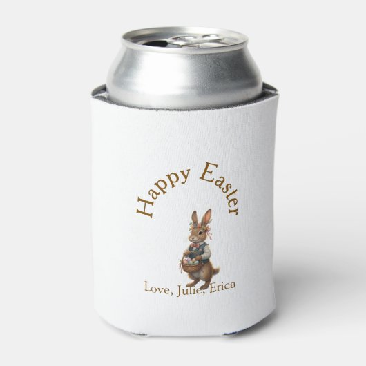 Happy Easter brown bunny with eggs love add name  缶クーラー (缶正面)