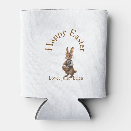 Happy Easter brown bunny with eggs love add name  缶クーラー (正面)