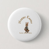 Happy Easter brown bunny with eggs love add name  缶バッジ (正面)