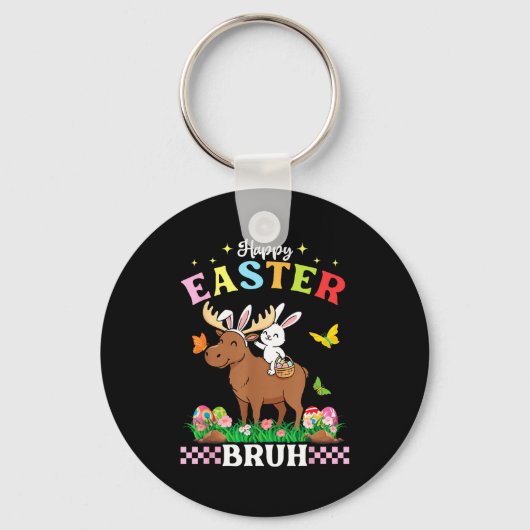 Happy Easter Bruh Cute Moose Bunny Ears Basket Egg キーホルダー (正面)
