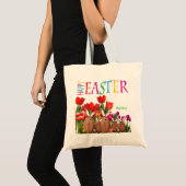 Happy Easter Bunnies with Tulips トートバッグ (正面(商品))