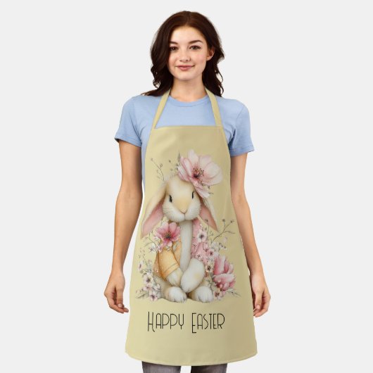 Happy Easter Bunny and Flowers エプロン (着用した状態)