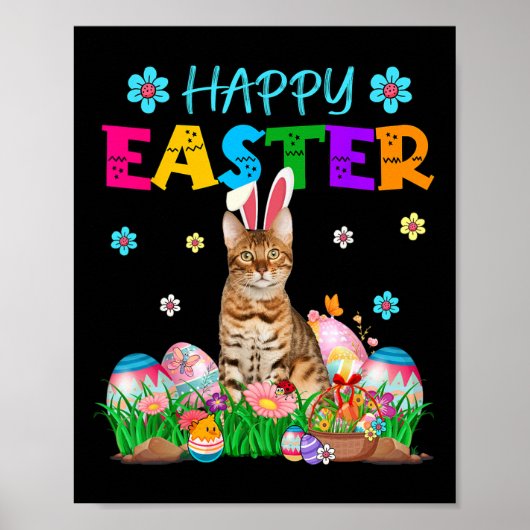 Happy Easter Bunny Bengal Cat Hunting Eggs Colourf ポスター (正面)
