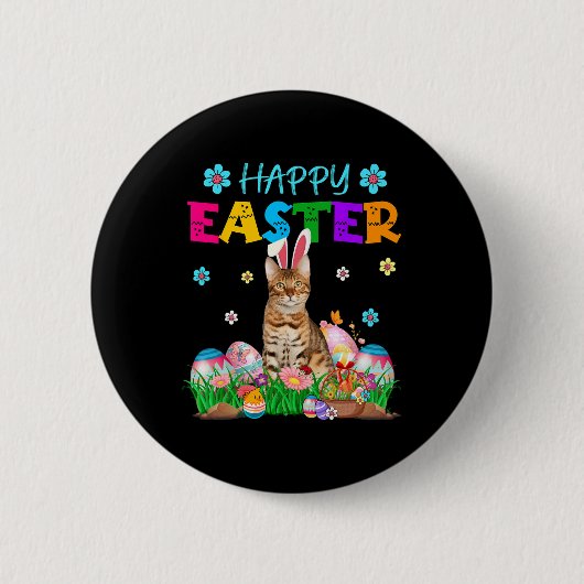 Happy Easter Bunny Bengal Cat Hunting Eggs Colourf 缶バッジ (正面)