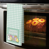 Happy Easter Bunny, Chick, Eggs Green Gingham  キッチンタオル