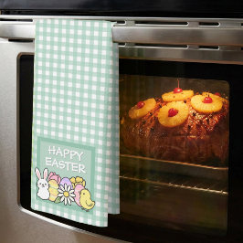 Happy Easter Bunny, Chick, Eggs Green Gingham  キッチンタオル