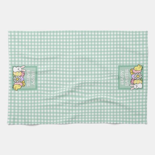Happy Easter Bunny, Chick, Eggs Green Gingham  キッチンタオル (横)