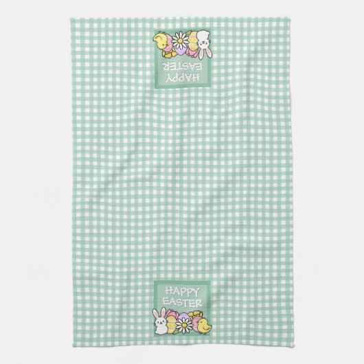 Happy Easter Bunny, Chick, Eggs Green Gingham  キッチンタオル (縦)