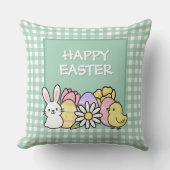 Happy Easter Bunny Chick Eggs Green Gingham クッション (正面)