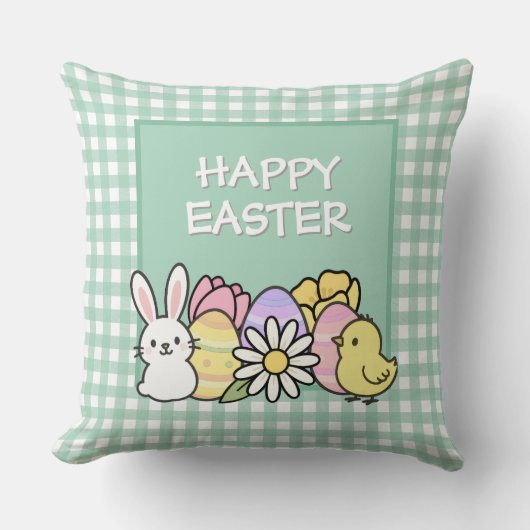 Happy Easter Bunny Chick Eggs Green Gingham クッション (正面)