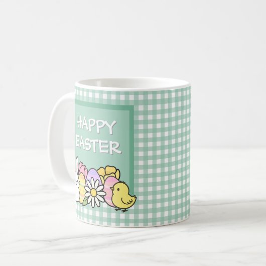 Happy Easter Bunny Chick Eggs Green Gingham コーヒーマグカップ (正面左)