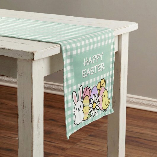 Happy Easter Bunny Chick Eggs Green Gingham ショートテーブルランナー