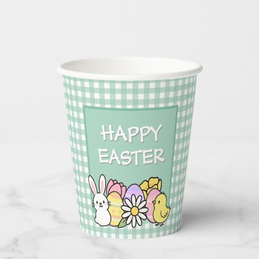 Happy Easter Bunny Chick Eggs Green Gingham 紙コップ (裏面)