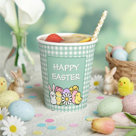 Happy Easter Bunny Chick Eggs Green Gingham 紙コップ