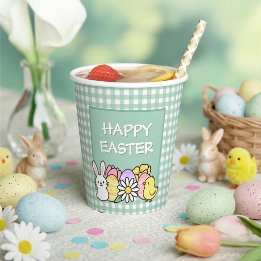 Happy Easter Bunny Chick Eggs Green Gingham 紙コップ