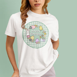 Happy Easter Bunny Chick Eggs Green Gingham Tシャツ