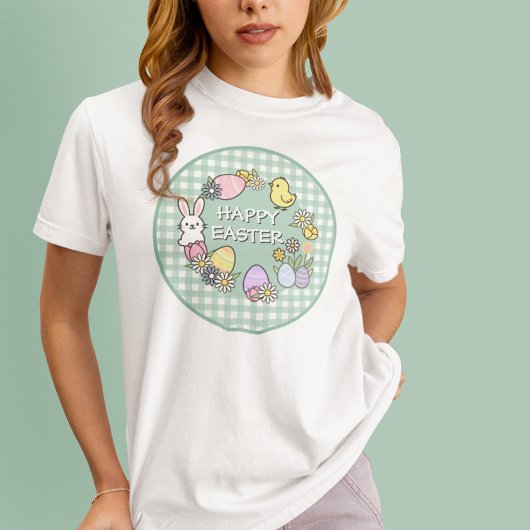 Happy Easter Bunny Chick Eggs Green Gingham Tシャツ