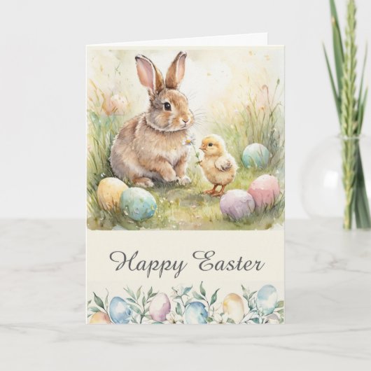 Happy Easter Bunny & Chick Folded Holiday Card シーズンカード (正面)