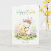 Happy Easter Bunny & Chick Hug カード (黄色い花)