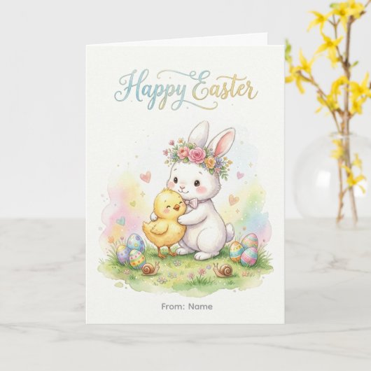 Happy Easter Bunny & Chick Hug カード (黄色い花)