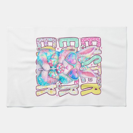 Happy Easter Bunny Coquette Bow Preppy Easter Day キッチンタオル (横)