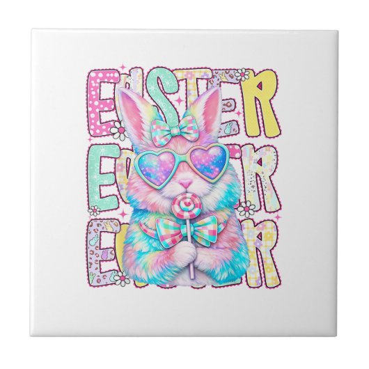 Happy Easter Bunny Coquette Bow Preppy Easter Day  タイル (正面)