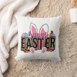Happy Easter Bunny Ears Leopard Print Plaid Graphi クッション