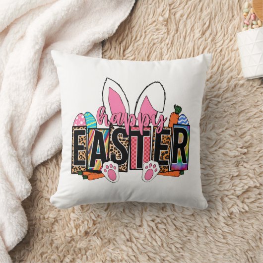 Happy Easter Bunny Ears Leopard Print Plaid Graphi クッション (ブランケット)