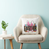 Happy Easter Bunny Ears Leopard Print Plaid Graphi クッション (椅子)
