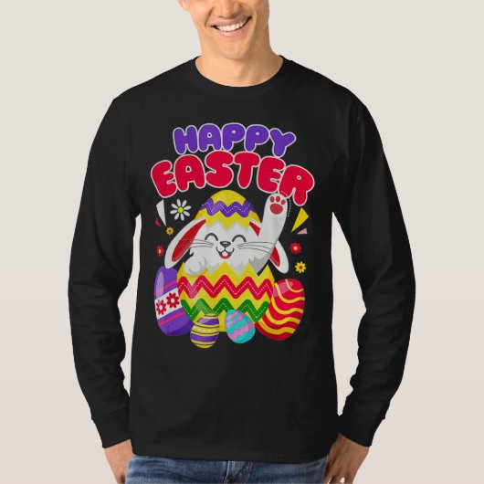 Happy Easter Bunny Eggs Basket Cute Rabbit Men Wom Tシャツ (正面)