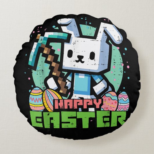 Happy Easter Bunny Pixel Game  ラウンドクッション (正面)