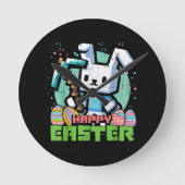 Happy Easter Bunny Pixel Game  ラウンド壁時計 (正面)