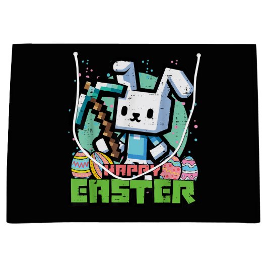 Happy Easter Bunny Pixel Game  ラージペーパーバッグ (正面)